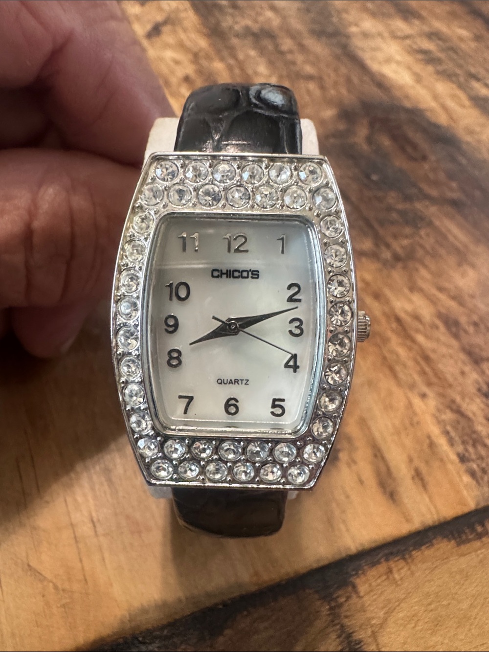 Chico's Crystal-Accent Silver Tone Watch with Black Strap